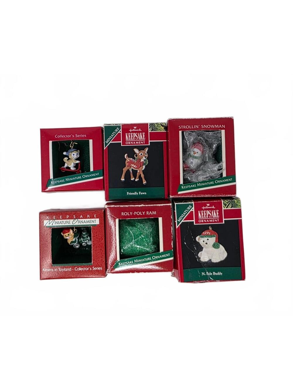 Lot of 6 Hallmark Miniature Ornaments Kittens Animals Snowman 1988–1991